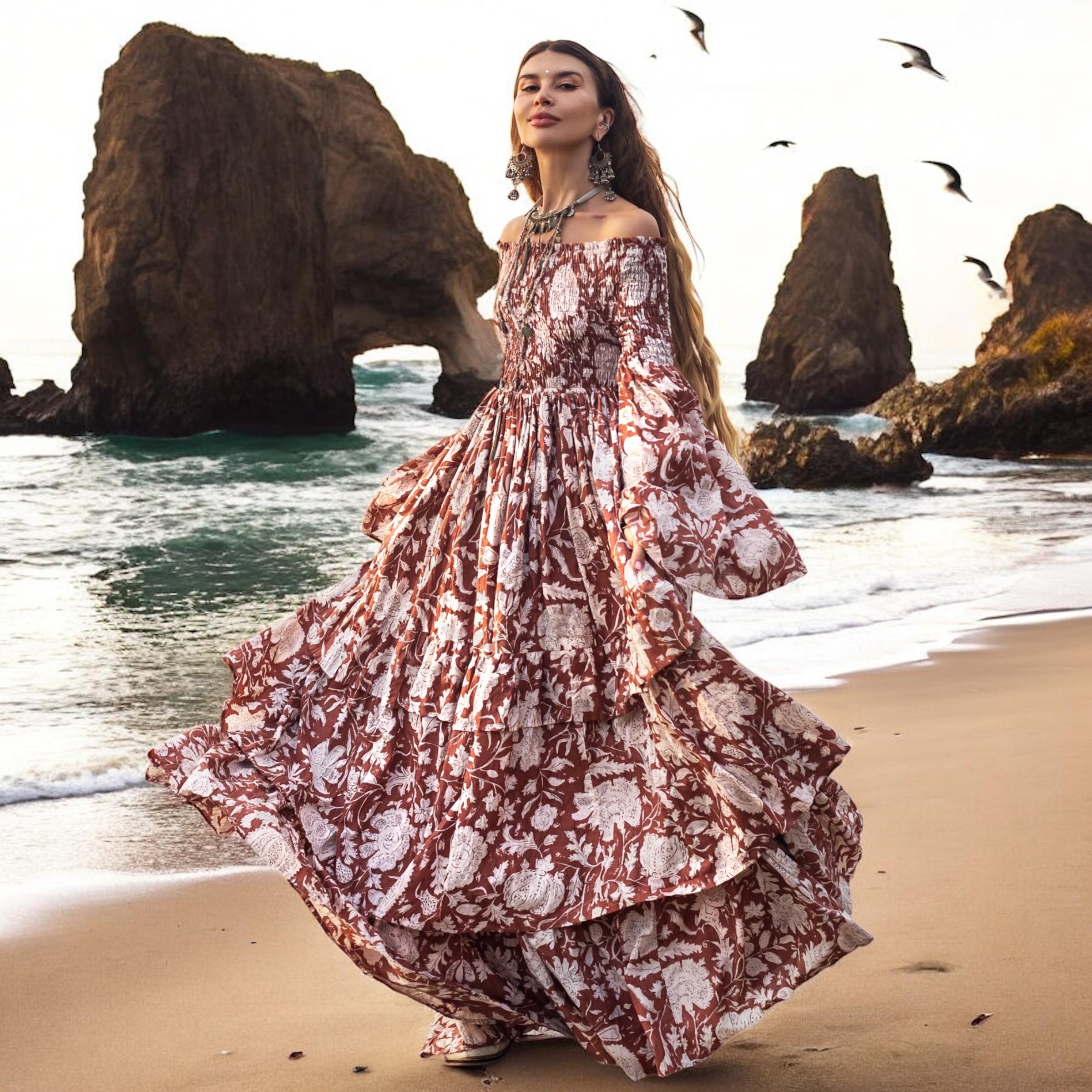 Boho Off-Shoulder Cotton Maxi Dress: Cinnamon Petal Floral Gown - Lucia Boho Off-Shoulder Cotton Maxi Dress: Cinnamon Petal Floral Gown - Lucia