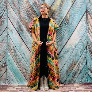 Kayla Hand Tie dye Maxi Long Festival Cotton Hoodie Duster Beach Coverup Kimono vacation Holiday Wears