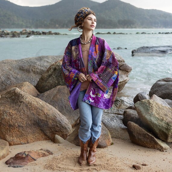 Giacca kimono in seta trapuntata – Twilight Amethyst Boho