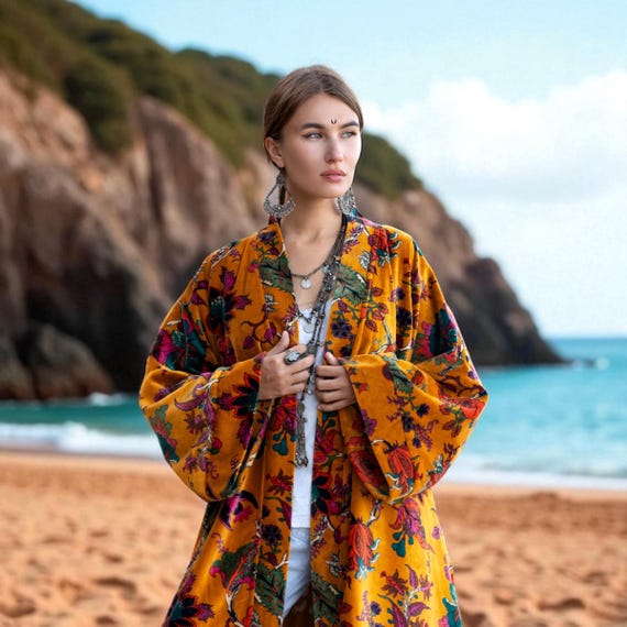 Plus Size Velvet Kimono Robe: Sunfire Tapestry Floral Duster - Mai
