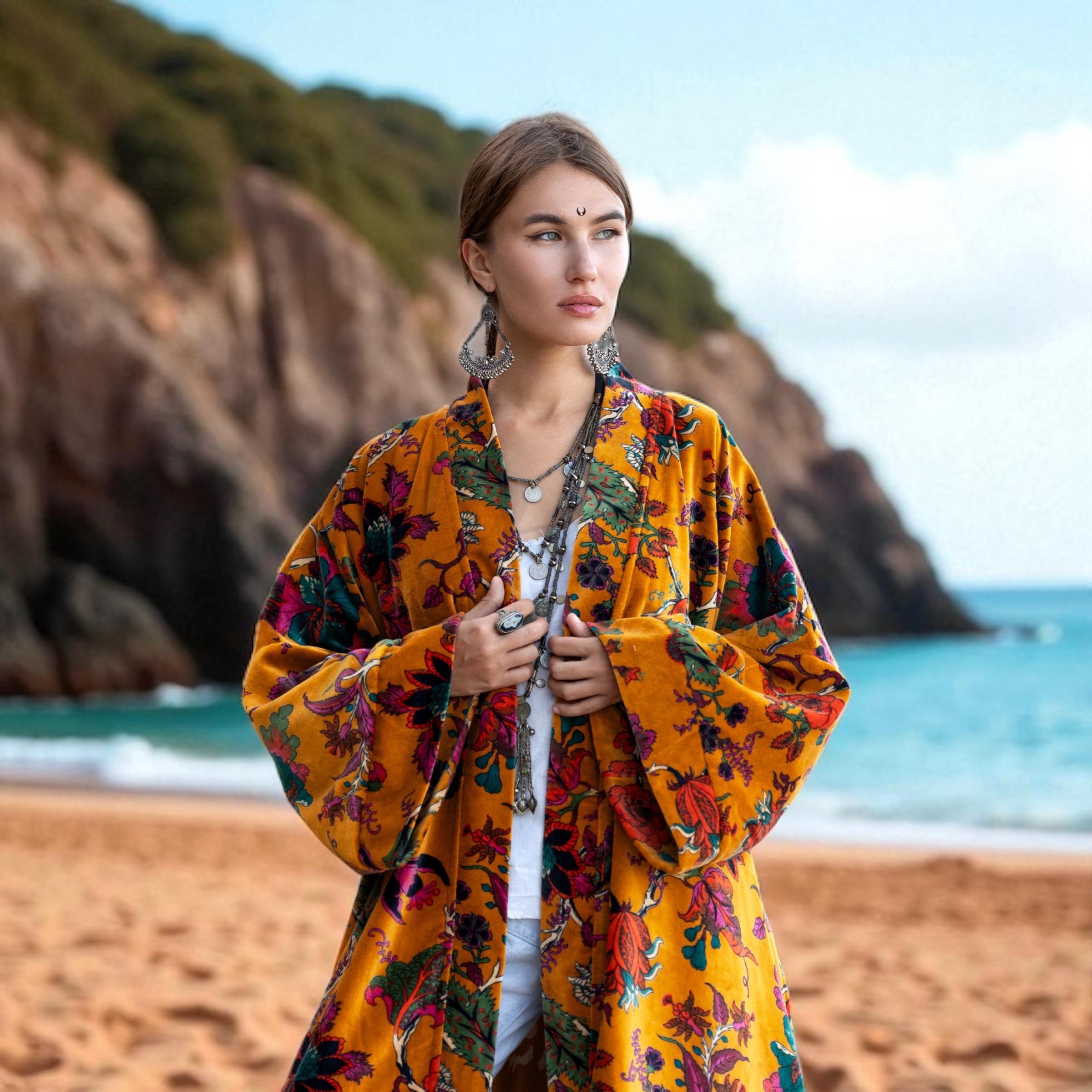 Plus Size Velvet Kimono Robe: Sunfire Tapestry Floral Duster - Mai