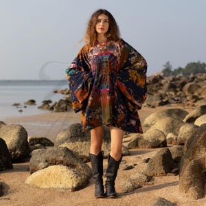 Boho Tie Dye Kimono Dress – Plus Size Festival Mini in Sunset Eclipse with Peace Sign, Cotton Flowy Tunic with Pockets | Kumo Cosmic by ZP