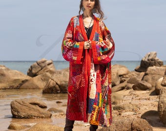 Plus Size Seide Kimono Jacke: Feuerblüten Patchwork Steppmantel - Nina