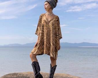 Vestido tie-dye con mandala terroso – Kaftán bohemio de algodón de talla grande, extragrande 1X–3X Galaxy-V Hecho a mano