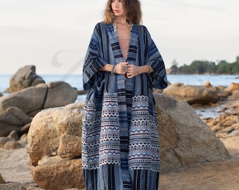 Kimono in cotone tessuto a mano taglie forti: spolverino boho color zaffiro - Imperiale