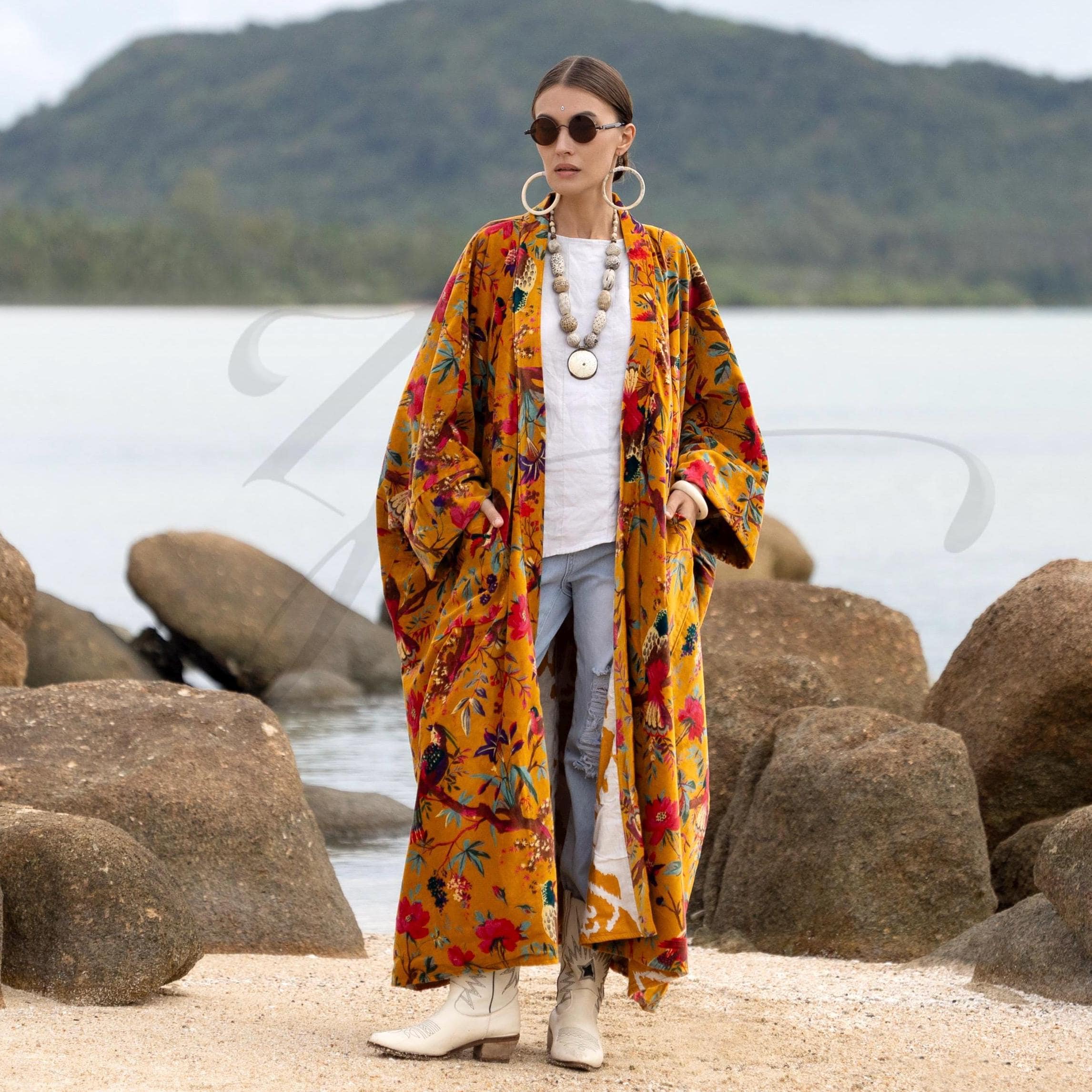 Plus Size Velvet Kimono Duster – Golden Sunbird Floral Boho Coat