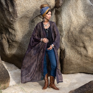 Vintage Sari Silk Harper Duster in Dusty Garnet | OOAK Boho Kimono Coat