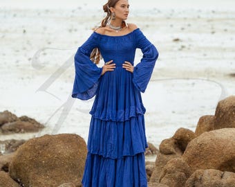 Vestido largo bohemio azul cobalto de gasa de algodón Lucia / Aegeane Lapis