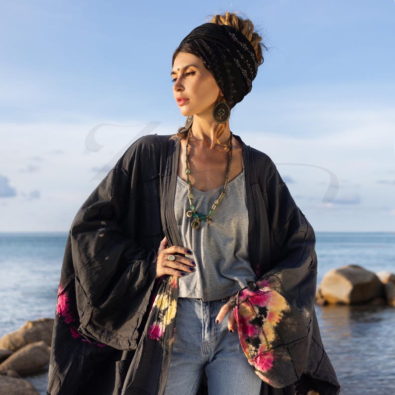 Plus Size Tie Dye Long Kimono Robe Boho Cotton Patchwork Jacket