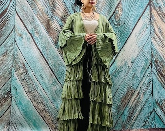 Bali Boho Hippie Maxi Tiered Ruffled Duster Kimono Festival Beach Holidays Wedding Cardigan One Size One Plus Size