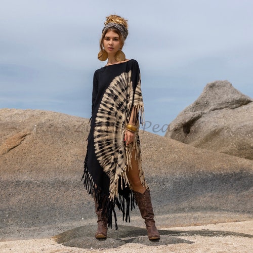 Robe caftan en coton tie-dye faite main - Tunique de festival à franges bohèmes | Arlo