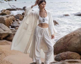 Handcrafted Cotton Boho Kimono Duster & Harem Pants Set | Willow