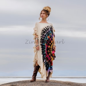 Ema Tie Dye Maxi Kaftan Dress – Boho Festival Cotton Gown, Handmade Plus Size Hippie Caftan, Flowy One Size Beach Cover-Up – Beige & Black