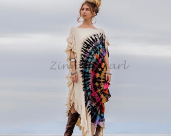 Ema Tie Dye Maxi Kaftan Dress – Boho Festival Cotton Gown, Handmade Plus Size Hippie Caftan, Flowy One Size Beach Cover-Up – Beige & Black