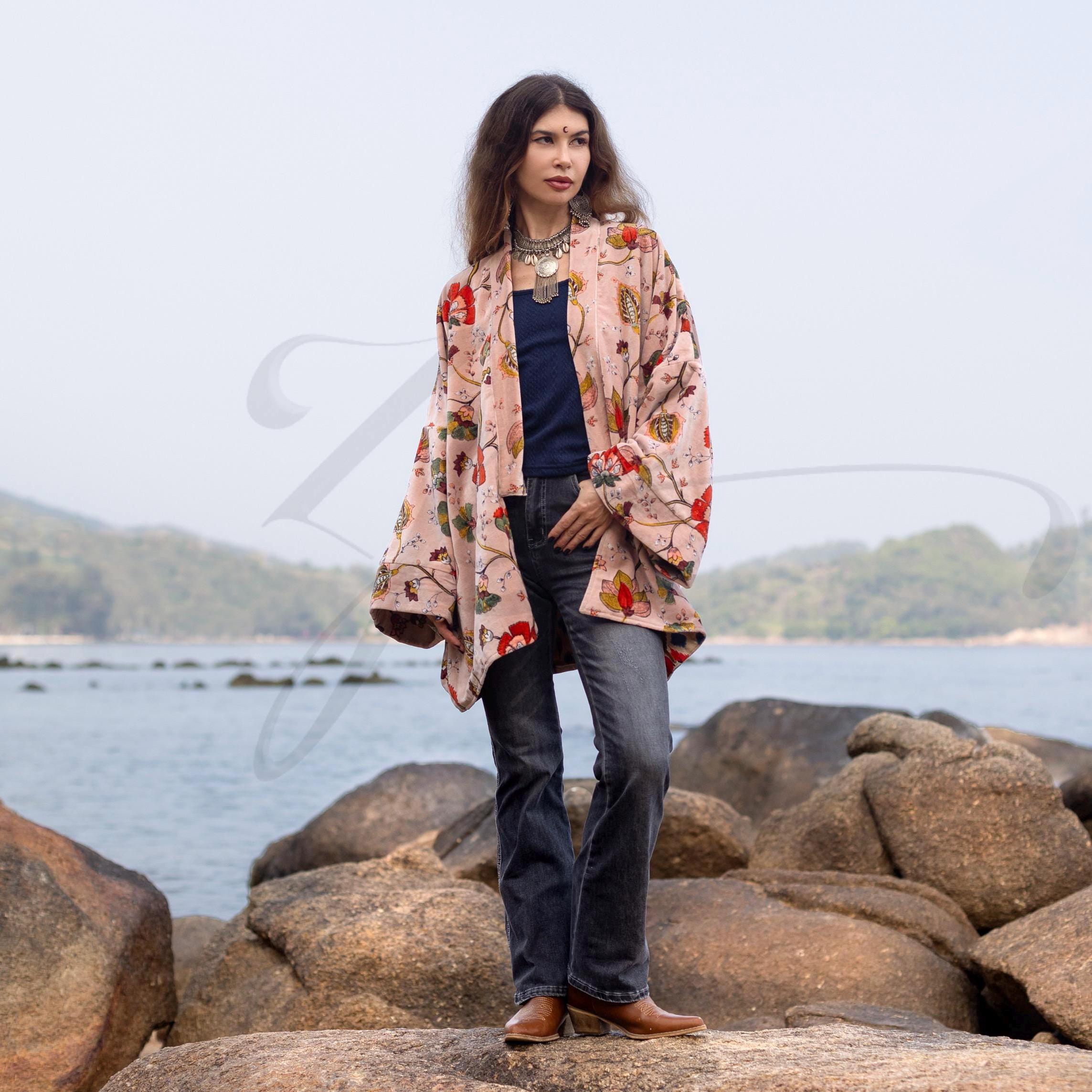 Plus Size Velvet Short Kimono Jacket – Blush Petal Boho Coat | Mei