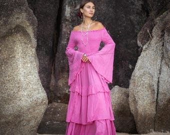 Boho Wedding Dress: Pink Cotton Maxi Gown with Bell Sleeves - Lucia