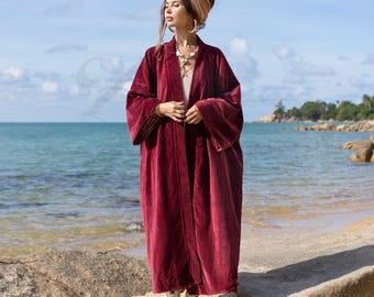 Luxury Plus Size Red Velvet Kimono Robe - Handmade Coat With Beading ...
