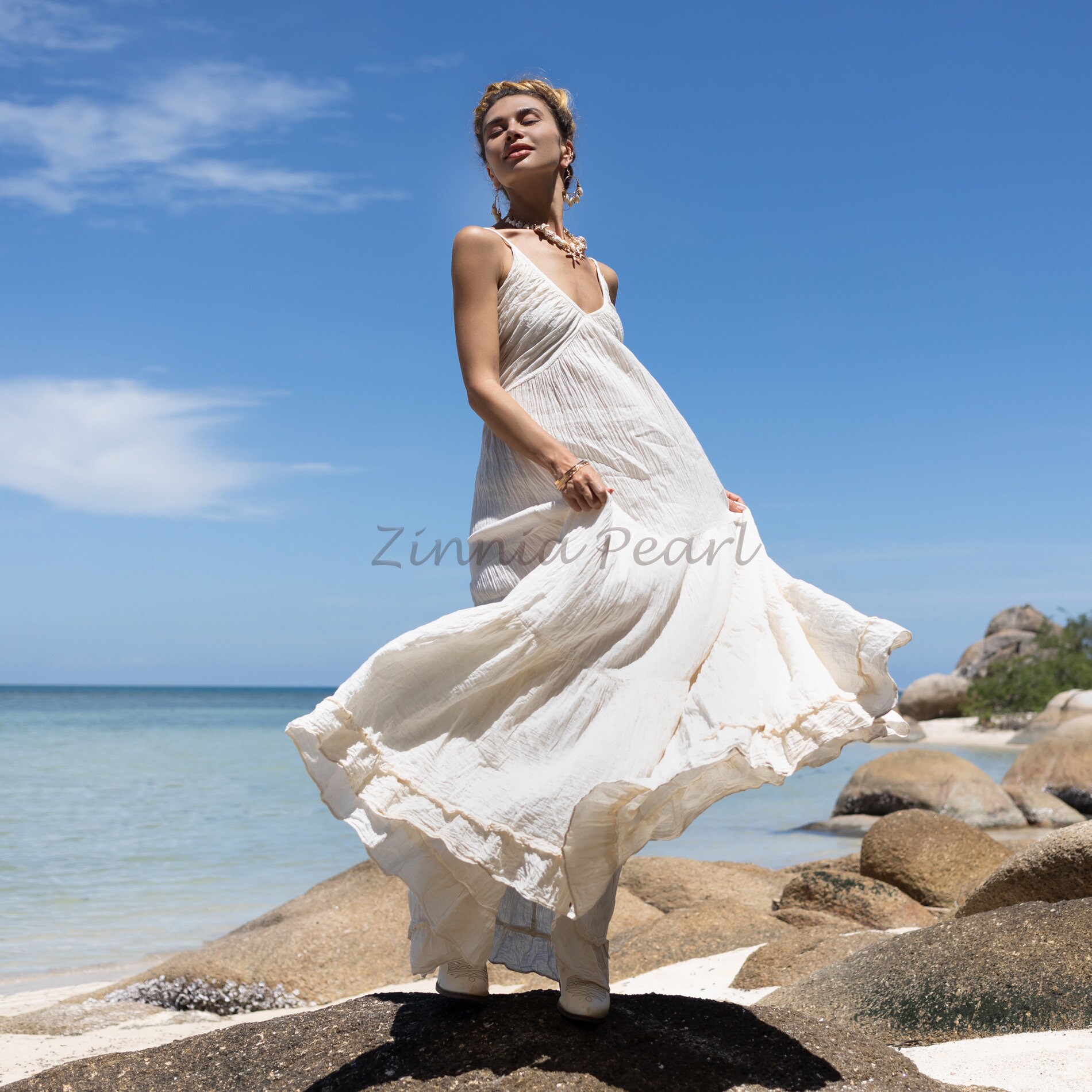 cotton gauze wedding dress Boho Wedding Gown: 'natalie' Cotton Smock Maxi Dress - Natalie