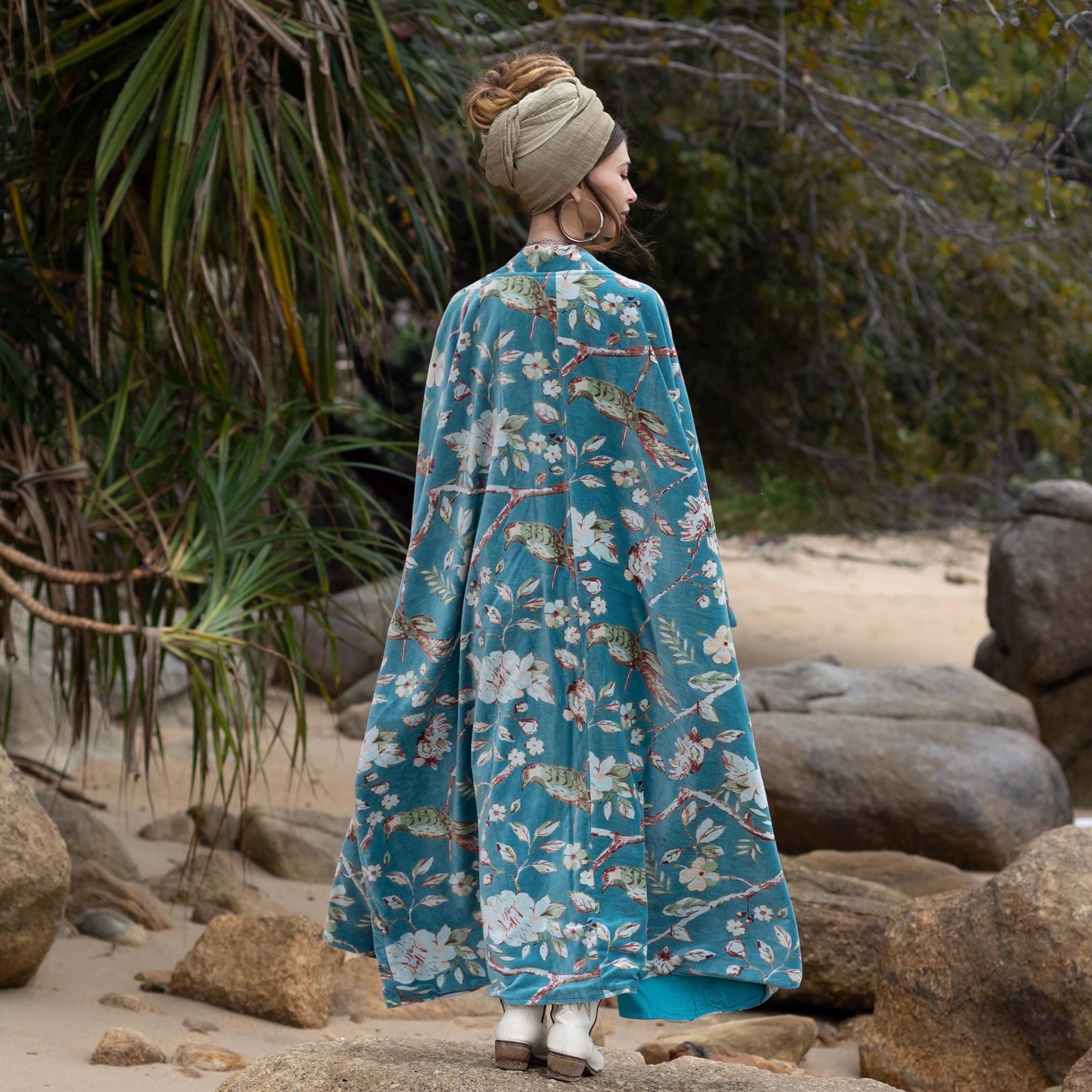 Plus Size Velvet Kimono Duster – Serene Sky Floral Boho Coat