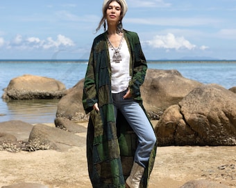 Boho Plus Size Patchwork Kimono Duster: Ethnic Cotton Coat - Veda