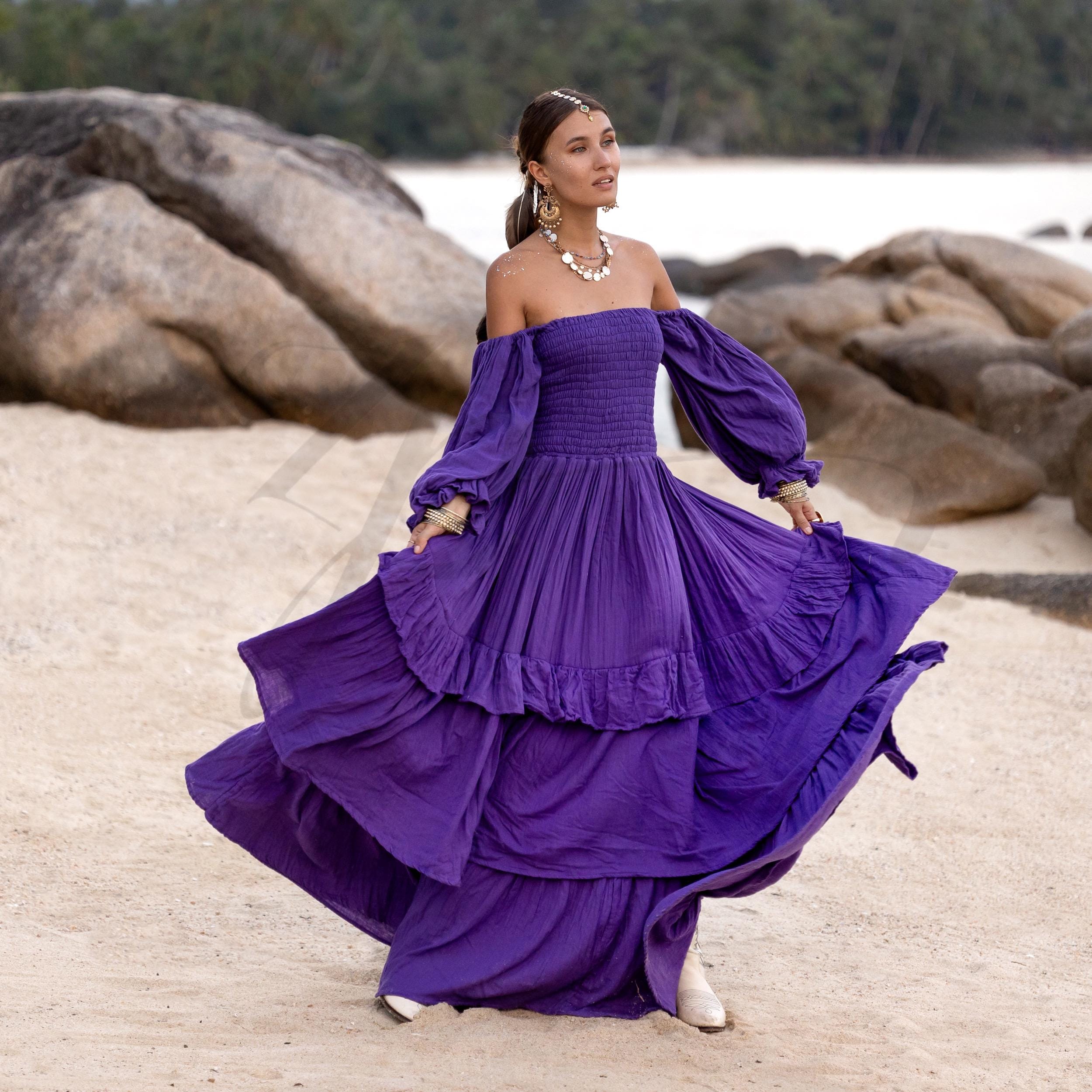 amazon purple maxi dress Long Sleeve Ruffle Hem Maxi Dress - Purple