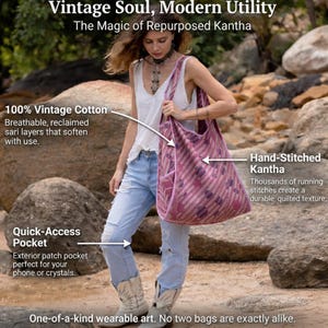 Feature infographic of the Kaia Dusty Rose Polka Kantha hobo bag highlighting 100% vintage cotton construction, hand-stitched Kantha running stitch, quick-access exterior pocket, and reinforced wide shoulder strap. Reversible vintage quilt tote made from reclaimed sari textiles.