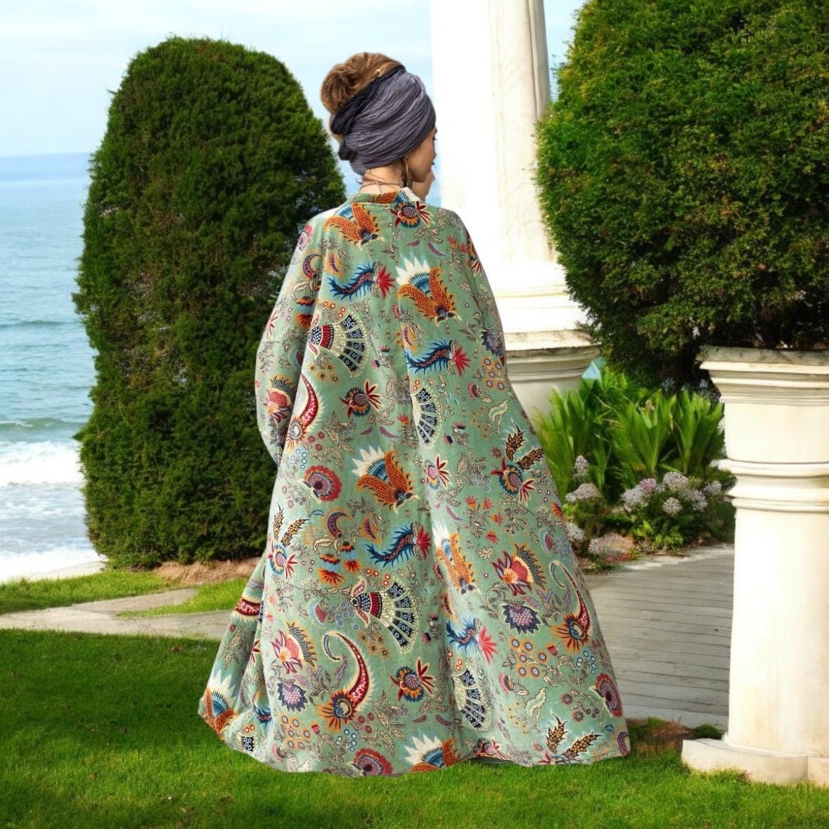 ETRE✖️marihoja Plus Size Velvet Kimono Duster – Serene Sky Floral Boho Coat