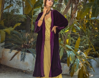 Velvet Kimono Duster Coat – Handmade Plus Size Maxi Robe | Misty Red Wine