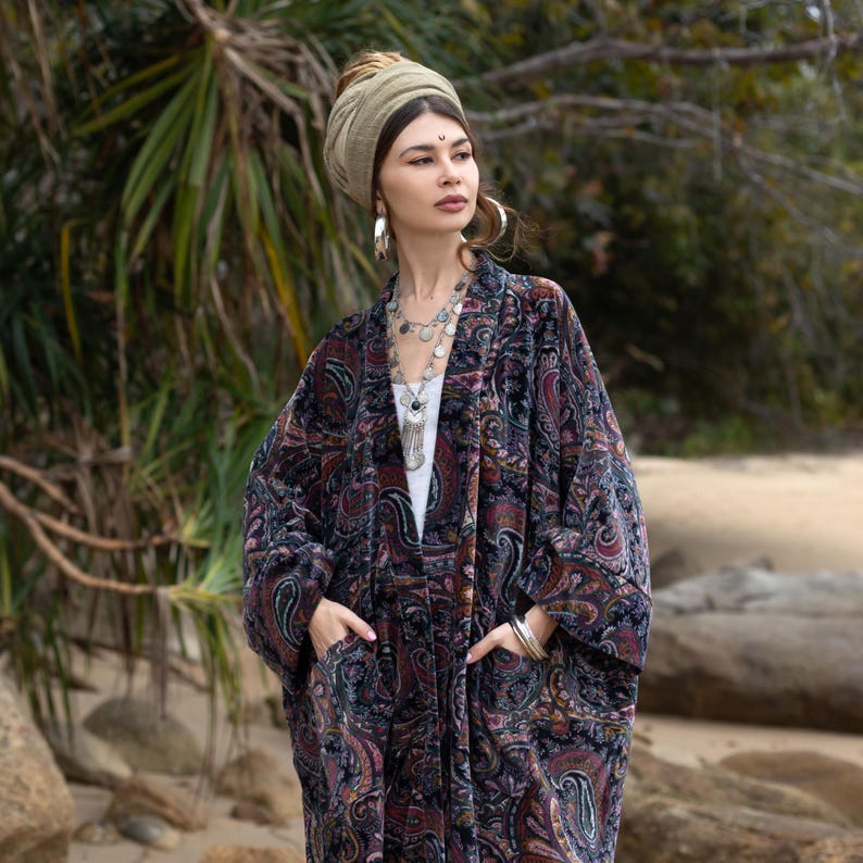 Jade Robe With Pockets Velvet Boho Kimono Robe – Harper Jade Paisley Duster With Pockets - Etsy