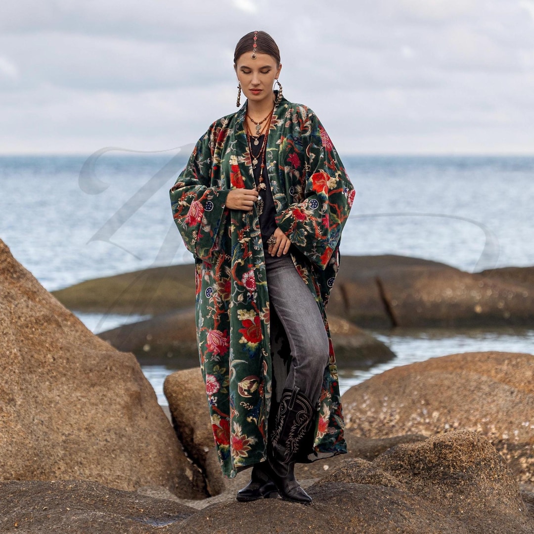 Plus Size Velvet Long Kimono Jacket | Emerald Bazaar Boho Duster, Mai ...