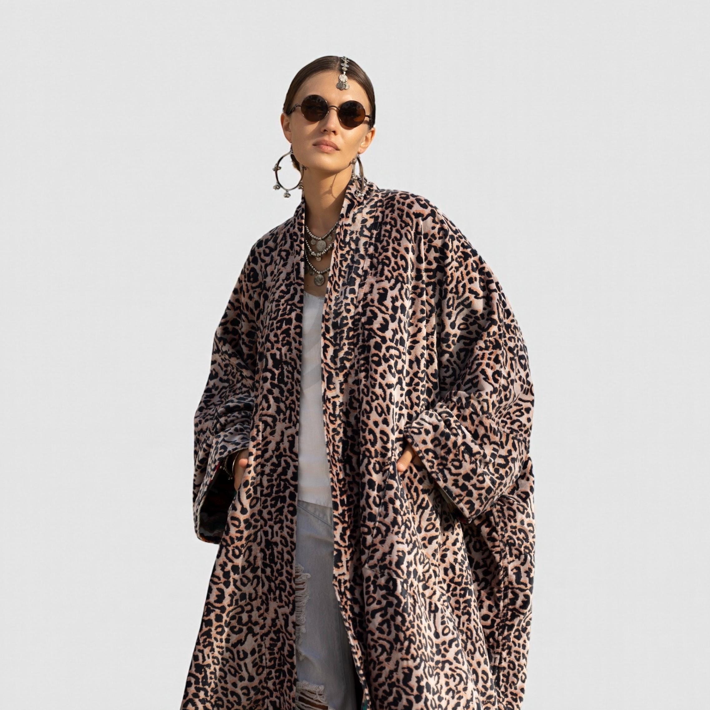 Velvet Animal Print Duster - Boho Wild Bobcat Kimono, Plus Size