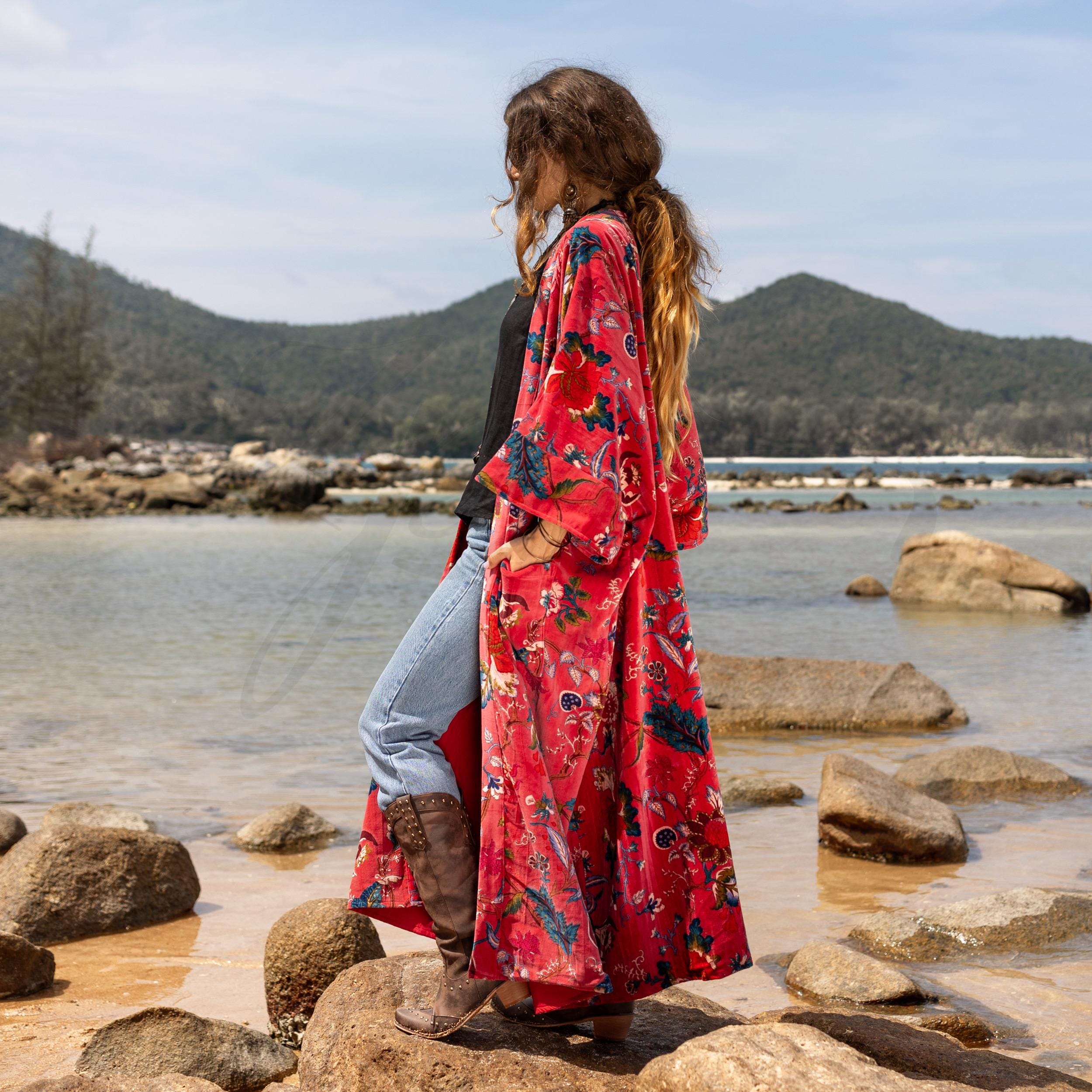 Jade Robe With Pockets Plus Size Velvet Kimono Robe: Coral Boho Cotton Duster With Pockets ...