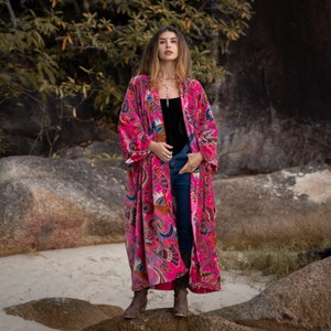 Mai Velvet Kimono: Printed Cotton Lined Maxi Duster