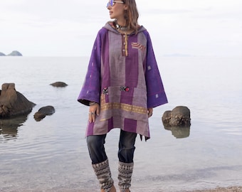 Amethyst Path geüpcycled kantha gewatteerde hoodie | Katoenen boho-jas grote maten | Ecostitch-collectie