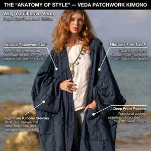 Features breakdown of the VEDA Duster. Pointers highlight: "Artisanal Patchwork: Monochrome stone-washed panels," "Signature Kimono Sleeves: Wide cut for layering," "Effortless Free Size," and "Deep Front Pockets." Describes the fabric as breathable, heavyweight cotton canvas.
