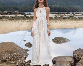 Boho Halter Wedding Dress: Ruffle Trim Cotton Beach Bridal Gown - Kyra