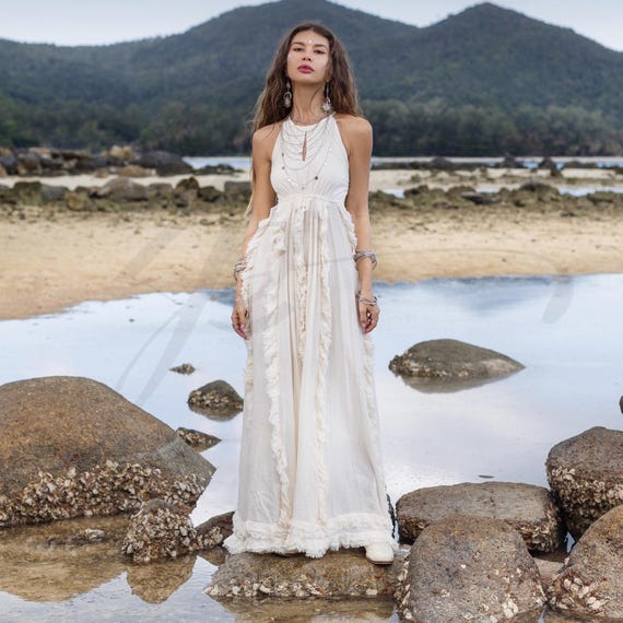 halter wedding dresses beach Flowy Halter Lace Crop Top Boho Beach Two Piece Wedding Dress main image 0
