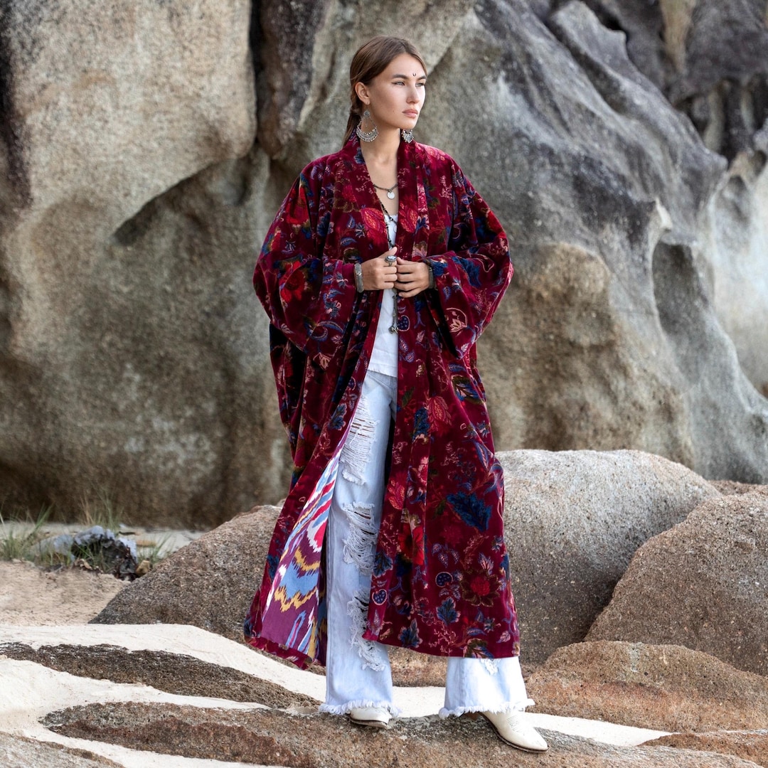 Plus Size Velvet Kimono Jacket – Crimson Raisa Bloom Mai Boho Long