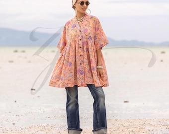 Aria Blush Jaipur – Plus Size Cotton Kaftan Tunic with Pockets | Oversized Boho Top