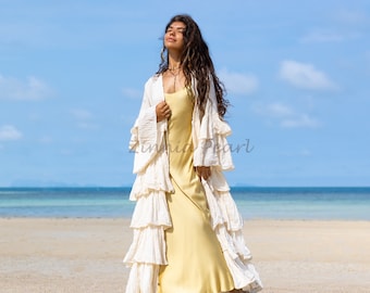 Bali Kimono Boho Maxi Tiered Ruffled Duster Festival Beach Holidays Wedding Cardigan One Regular Size Mult. Sizes One Plus Size Special Gift