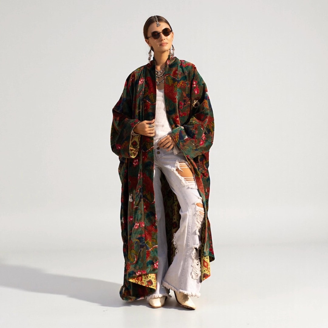 ジャケット・アウター NEIGHBORHOOD KIMONO GOWN Forest Green Velvet Kimono, Plus Size Monkey Floral Duster, Harper