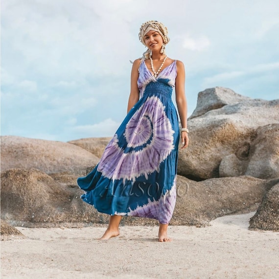 Hollie Hand Tiedye Maxi Slip Dress Smocked Waist Adjustable Thin Straps Resort Vacation Summer Dress One Regular size