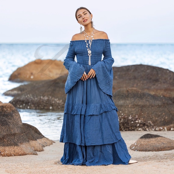 Moonshadow Blue Boho Maxi Dress: Off-shoulder Cotton Bridal Gown