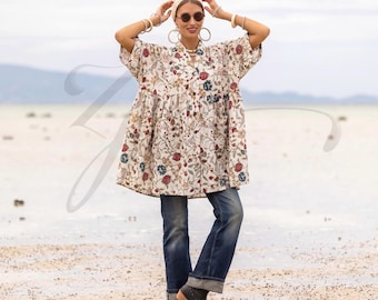 Aria Prairie Rose – Túnica tipo caftán de algodón de talla grande con bolsillos / Top bohemio extragrande