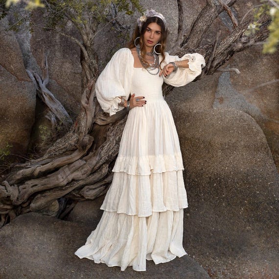 Plus Size Boho Cotton Maxi Dress: Tiered Ruffle Cream Gown - Isabella