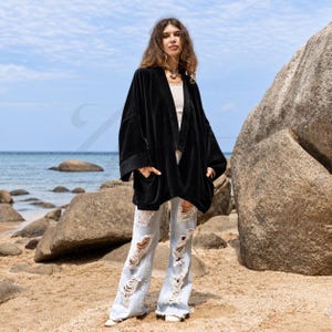 Raven Black Cotton Velvet Kimono Jacket, Oversized Plus Size Boho Coat