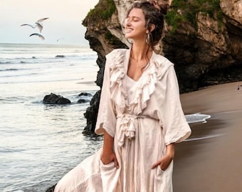 Boho Cotton Ruffle Kimono Duster Robe – Plus Size Festival & Resort Cover-Up | Avalon