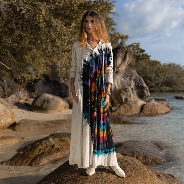 DREAM Long Hoodie Hand Tie Dye Duster Cardigan Shirt Tunika Festival Kleid Kimono One Size Boho Hippie Jersey Baumwolle