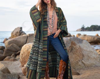 Plus Size Handwoven Cotton Kimono Robe: Emerald Isle Boho Duster - Imperial