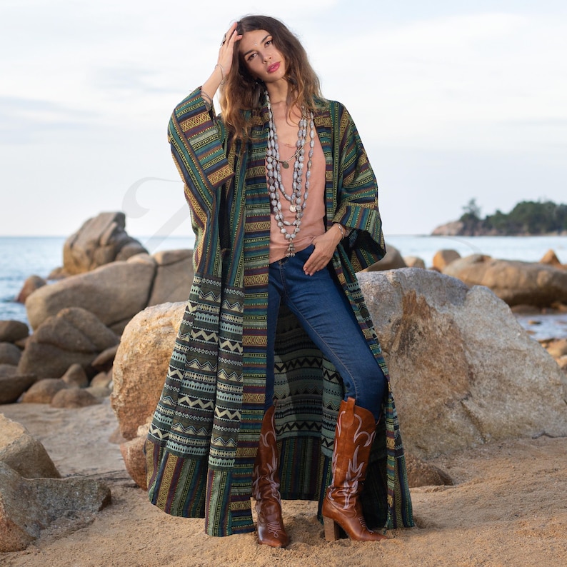 Exquisite Plussize Handwoven Cotton Kimono Robe in Emerald Isle